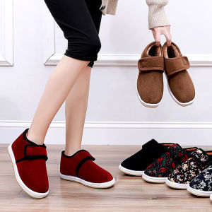 Velvet Cotton Shoes for Women Winter Flat Heel Casual Shoes with Plant Florals Sweet Style Artificial Short Plush Lining