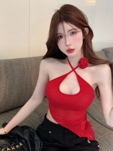 Sweet And Spicy Red Flower Cross Neck Vest Womens Summer Outdoor Design Irregular Short Crop Top Baring Belly Strap Top