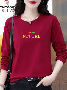 Long Sleeve Pure Cotton Thin T-Shirt Womens round Neck Spring Autumn Large Size Base Shirt New 2025 Style for Middle-Aged Mothers