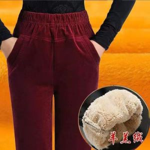 กางเกงขายาวผ้าคอร์ดูรอยหนาสำหรับผู้หญิง กางเกงขายาวทรงหลวม กางเกงขายาวเอวสูง กางเกงขายาวลำลองสำหรับคุณแม่ในฤดูใบไม้ร่วงและฤดูหนาว