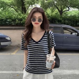 Áo Thun Sọc Vòng Cổ Dài Tay Ngắn Ôm Dáng Kích Cỡ Lớn