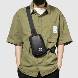 Casual Mens Crossbody Phone Bag Sporty Small Shoulder Bag Vertical Nylon Fabric Zipper Closure Solid Color Leisure Chest Bag