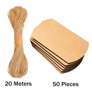 50pcs Kraft Pillow Boxes with 20meters Jute Twines Paper Boxes for Gifts Weddings Parties Birthdays Holidays