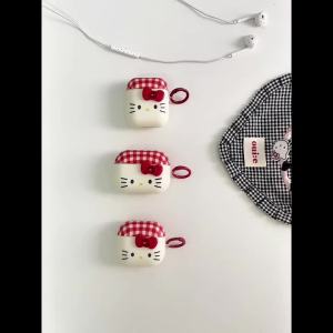 Sanrio | Cute Red Grid Sanrio Bow Hello Kitty Earphone Case For Airpods 1 2 3 4 Pro 2 3 Silicone Headphones Protective Case With Pendant