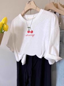 เสื้อยืดคอกลมแขนสั้นผ้าฝ้ายแท้ไซส์ใหญ่ฤดูร้อน 2025 เสื้อผ้าทำงานสไตล์สาวๆ ทรงหลวมสบายๆ ผ้าฝ้ายลายไม้ไผ่