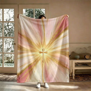 BILIBILI | Pastel Golden Cross Art Flannel Blanket Perfect for Sofa Office Bed Travel Sleep Read Relax Camping Four Season Use