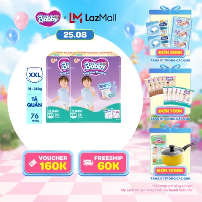 [25-29.08 QUÀ TO] Combo 2 Tã/bỉm quần Bobby 3mm Mega Jumbo Siêu khô thoáng XXL76 [Bao bì thay đổi theo từng đợt nhập hàng]