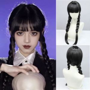 Black Pigtails Wig for Wednesday Cosplay Halloween Hair Adams Family Style Anime Cosplay Synthetic High Temperature Silk Hair