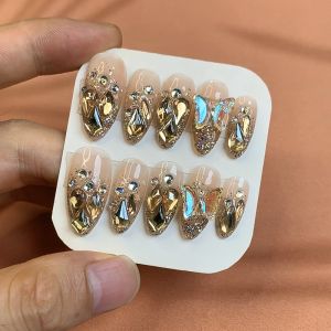 Champagne Gold Sparkling Diamond Lady Handmade Nail Wearable Finished Product High End Luxury Medium Long Detachable Nail Art