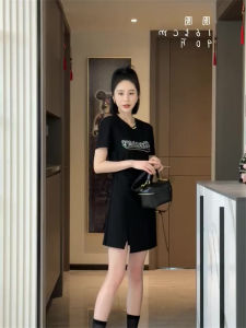 Fashionable T-shirt Dress Womens Korean Style Slimming Short Sleeve round Neck Printed Wordless A-Line Mini Dress Summer 2023