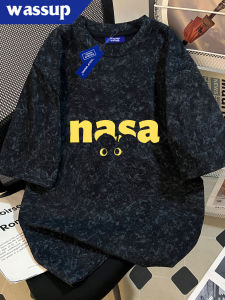 WASSUP American Retro Loose Mens Short Sleeve T-shirt Summer Heavyweight Wax Dyeing Pure Cotton Casual Breathable Top