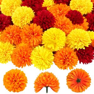 Artificial Marigold Flowers with Stem for DIY Wreath Garland Craft Wedding Birthday Diwali Halloween Thanksgiving Home Decor