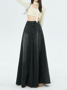 กระโปรงยีนส์ทรงเอเอวสูงสีดำสไตล์ย้อนยุคสำหรับผู้หญิง ฤดูใบไม้ร่วง/ฤดูหนาว กระโปรงยาวทรงเอเข้ารูป สไตล์ลำลอง