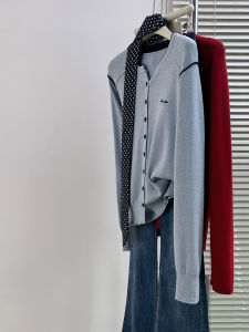 QINGNAER | Elegant Minimalist Style V-neck Long Sleeve Light Blue Embroidered Knit Cardigan
