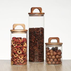 Scandinavian Style Food Storage Tank Miscellaneous Food Storage Dried Fruit Storage Organizer Borosilicate Glass Solid Wood Lids Food Storage & Dispensers