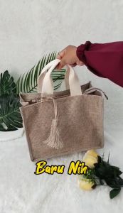 Tote Bag Wanita Bahan Goni Polos Tali Isban Putih
