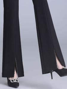 Black Casual Loose Womens Pants High Waist Trousers Spring Autumn Small Size Slit Casual Flared Pants Commute Style Zipper Pocket