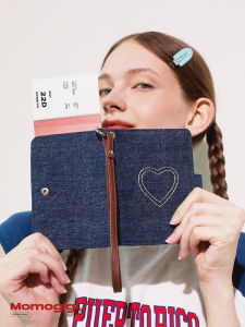 Momogig Retro Denim Series Heart Embroidery Multi-Functional Passport Holder Neck Strap Handbag Youth Fashion Summer Leather