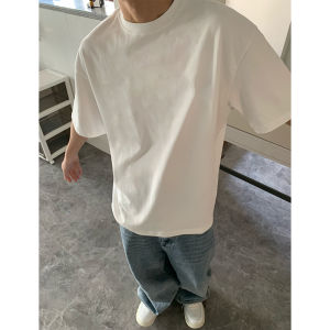 Heavyweight Pure Cotton Basic Short Sleeve Mens T-shirt Small Collar Summer Trendy Brand round Neck Casual Loose Fit Youth Popular