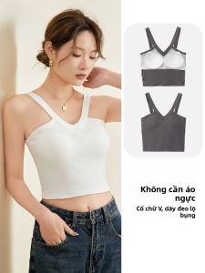 MiiOW | Áo ba lỗ cotton màu trắng cổ chữ V không dây mùa hè cho nữ Áo chui đầu không dây có đệm ngực Áo ngắn hở lưng