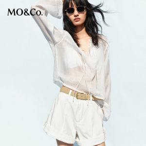 MO&Co. | Summer Lightweight Hemp Linen Embroidered Lace-Up V-Neck Top