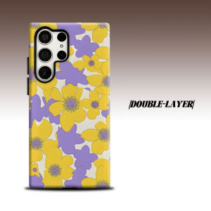 Yellow Purple Retro Flower For Samsung Galaxy S26 S25 S24 A56 A36 Dual Layer Luxury Fashion Full Lens Protective Case