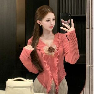 GUZILIAN | French Style Long Sleeve V-Neck Knitwear Womens Beautiful 3D Flower Slimming Top Korean Commute Style Winter Fashion