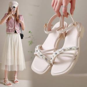Casual Roman Style Sandals Womens Low Heel Flat Bottom Single Strap Slip-On Summer Shoes Fashionable Korean Version PU Material