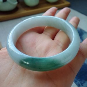 59 Myanmar Natural Mine Timber Fake Jadeite Bracelet Ice Waxy Kinds Half White Half Green Delicate Jade Bracelets with National Certificate