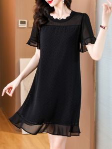 Fat Girl mm Plus Size Bottoming Shirt Bell Sleeve Western Style Youthful-Looking Black Dress Loose Belly-Covering Chiffon Jacquard Dress