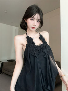 GUZILIAN | Elegant A-Line Mini Dress Womens Summer Black Lace-Up Backless Sleeveless Chiffon Skirt Dress Fashionable Versatile Commute Style