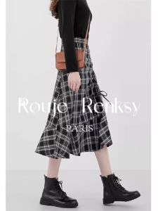 High Waist A-Line Fish Tail Skirt Black White Checkered Rouje Renksy French Style Asymmetrical Half-length Womens Skirt