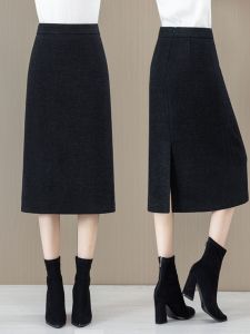 High Waist Straight Cut Acetate Woolen Skirt Womens Autumn Winter Long Midi Skirt with Slit Business Casual Style