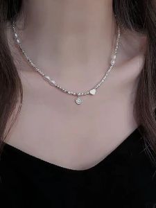 999 Pure Silver Heart Shaped Necklace for Women with water Pearl Fragments Luxury Minimalist High-End Sensation Gift