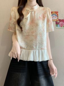 SHIMANQING | Large Size Summer Blouse with Mandarin Collar and Peony Print