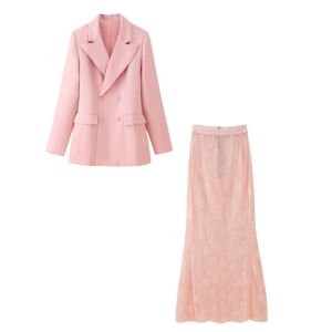 Chic French Style Tailored Suit Jacket And Lace Skirt Set Waist Cinched Lapel Long Sleeve Autumn Fashion Womens Ensemble