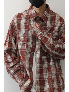 LH Store American Retro Diamond Plaid Long Sleeves Shirt Mens and Womens Spring and Autumn Loose Casual Overshirt Tide