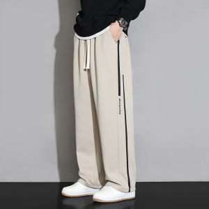 Mens Straight Leg Fleece Lined Thickened Winter Pants Casual Trousers Breathable Knitted Fabric Elastic Waist Long Trousers