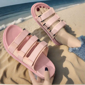 Korean Style Womens Sandals Outdoor Fashionable Thick Bottom Anti-Slip Beach Slippers Simple Pure Color Flat Heel PVC