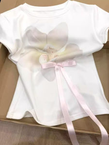 Áo Thun Cotton Tay Ngắn in Hoa Trắng Thắt Nơ Vai Pure Cotton Dành Cho Nữ Áo Thun Bó Sát Phong Cách Mùa Hè Thường Ngày