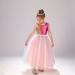 4 5 6 7 8 9 10 11 12 13 14 years old New Summer Party Dress Girl Sleeveless Pink Patchwork Sequined Rainbow Color Piano Host Birthday Wedding Long Dresses