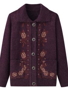Ladieswear Lapel Spring Autumn and Winter Clothing Elderly Clothes Grandma Sweater Outwear Fleece-lined Thickened Sweater Cardigan Top