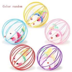 Cage Mice Ball Plush Simulation Colored Mouse Interactive Cat Toys Caged Mouse Ball Feather Wand with Bell Durable Plush Teaser