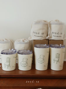 ZHUOSE Original Hand-Drawn Illustration Retro Stainless Steel Coffee Cup Portable Mug with Lid Vintage Style French Design