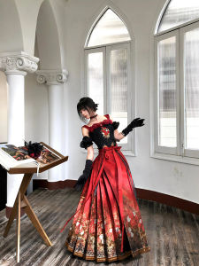 New Chinese Style Embroidered Vintage Black Red Rose Set Skirt Matching Color Horse Tailed Skirt Two Pieces Cosplay Costume