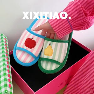 Female Cotton And Linen Slippers Contrast Striped Students Home Floor Shoes In Spring And Summer