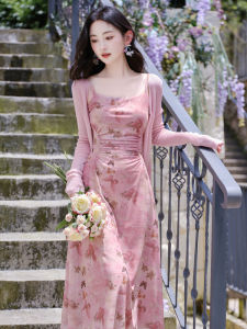 Summer Floral Print Off-Shoulder Dress Womens Beach Vacation Sunscreen Cardigan Two-Piece Set High Waist A-Line Long Dress