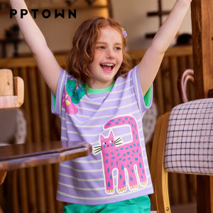 PPTOWN | Cute Cat Print Girls Striped T-Shirt