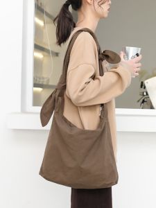 Korean Style Canvas Tote Bag Womens Butterfly Knot Single Shoulder Shopping Bag Casual Versatile Crossbody Bag for Students