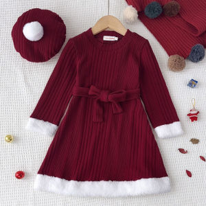 ชุดเดรส2ชิ้นสำหรับเด็กทารกคริสต์มาสเด็กสาวชุดเดรสปาร์ตี้เครื่องแต่งกายโบว์เย็บปะติดตุ๊กตาสีแดงสีทึบหมวกน่ารักเสื้อเด็กให้ความอบอุ่นฤดูหนาวเครื่องแต่งกายสำหรับเด็กอายุ3ถึง7ปี